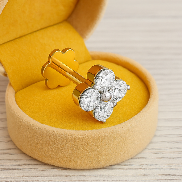 Four-Petal CZ Floral Nose Pin 925 Sterling Silver Yellow Plated