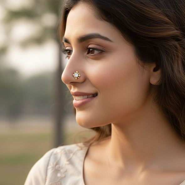 White CZ Floral Beaded Nose Pin 925 Sterling Silver Yellow Plated