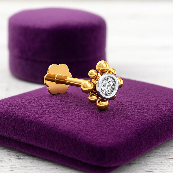 White CZ Floral Beaded Nose Pin 925 Sterling Silver Yellow Plated