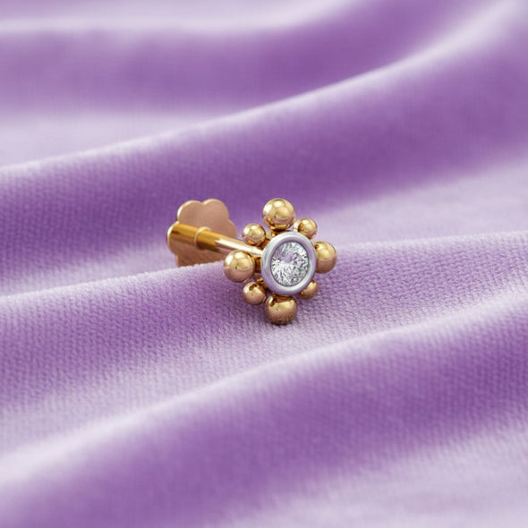 White CZ Floral Beaded Nose Pin 925 Sterling Silver Yellow Plated