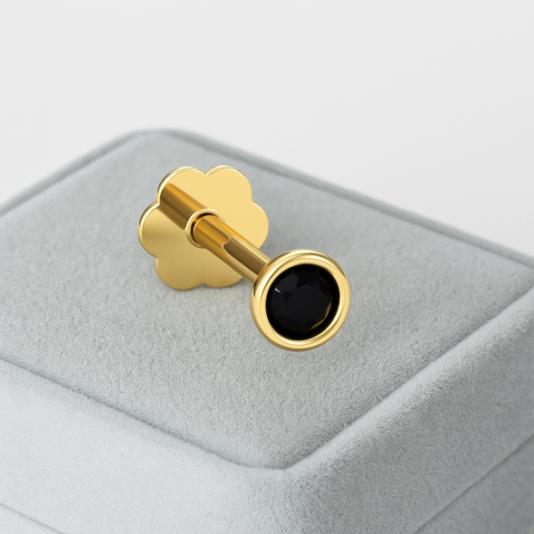 Bezel Set Black CZ Nose Pin 925 Sterling Silver Yellow Plated