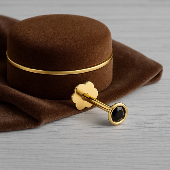 Bezel Set Black CZ Nose Pin 925 Sterling Silver Yellow Plated