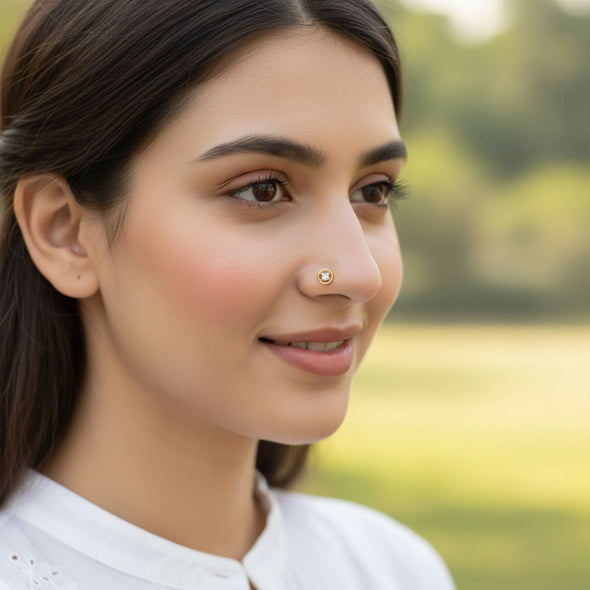 White CZ Prong-Set Inside Bezel Nose Pin 925 Sterling Silver Yellow Plated