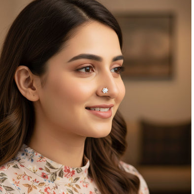 White CZ Solitaire Nose Pin 925 Sterling Silver Yellow Plated