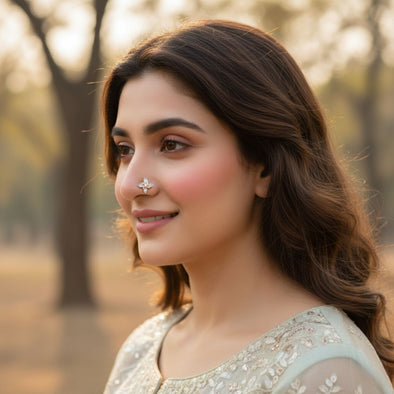 White CZ Floral Marquise Petal Nose Pin 925 Sterling Silver Yellow Plated