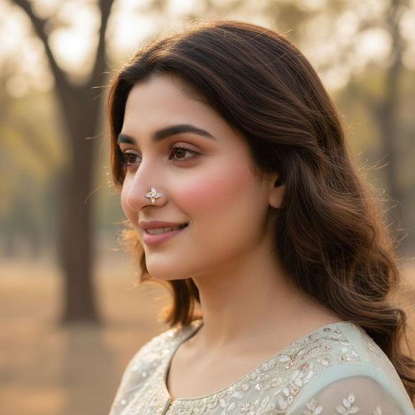 White CZ Floral Marquise Petal Nose Pin 925 Sterling Silver Yellow Plated