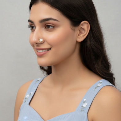 White CZ Floral Nose Pin 925 Sterling Silver Yellow Plated