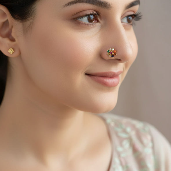 Navratna Floral Nose Pin 925 Sterling Silver Yellow Plated