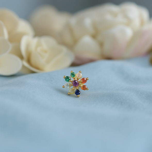 Navratna Floral Nose Pin 925 Sterling Silver Yellow Plated