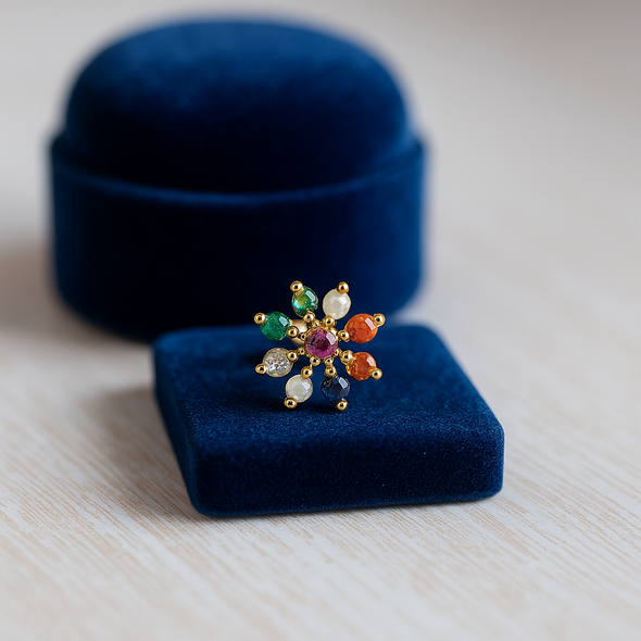 Navratna Floral Nose Pin 925 Sterling Silver Yellow Plated