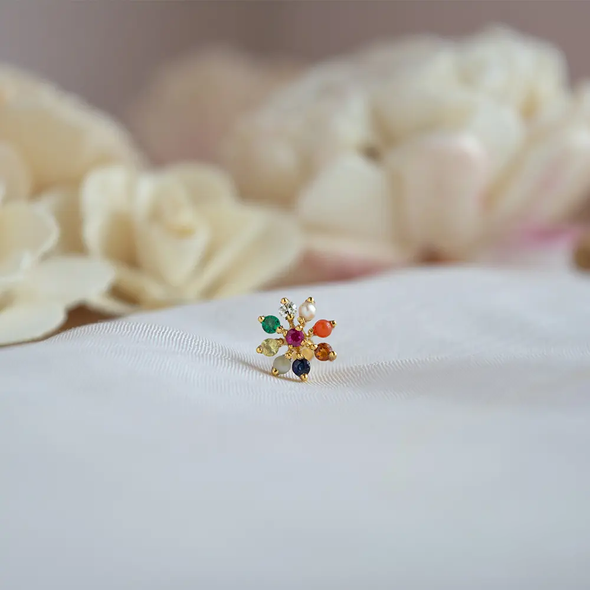 Navratna Floral Nose Pin 925 Sterling Silver Yellow Plated