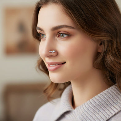 White CZ V-Shape Nose Pin 925 Sterling Silver Yellow Plated