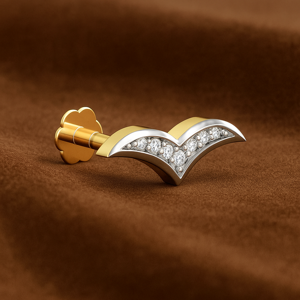 White CZ V-Shape Nose Pin 925 Sterling Silver Yellow Plated