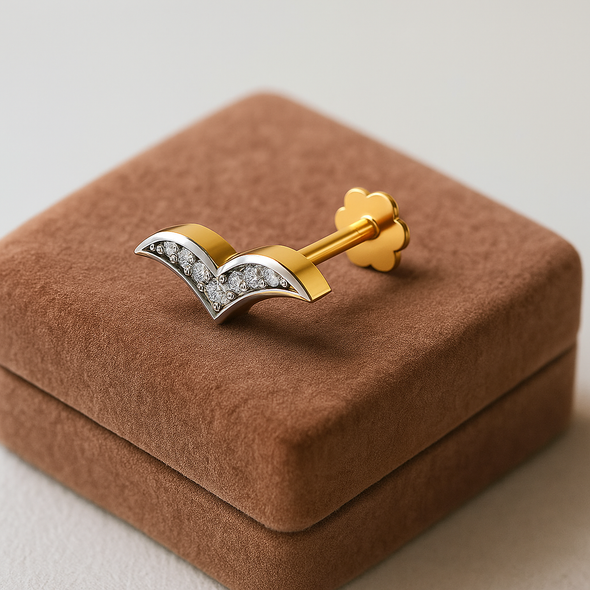 White CZ V-Shape Nose Pin 925 Sterling Silver Yellow Plated