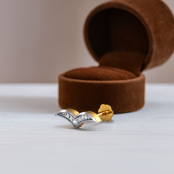 White CZ V-Shape Nose Pin 925 Sterling Silver Yellow Plated