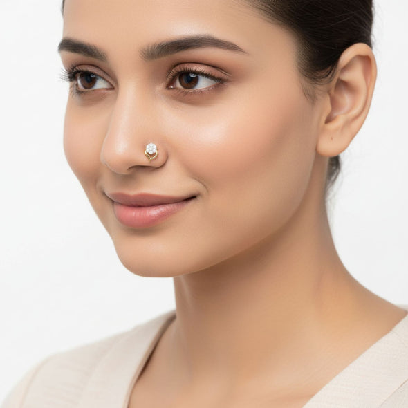 Floral White CZ Cluster Elegant Leaf Nose Pin 925 Sterling Silver Yellow Plated