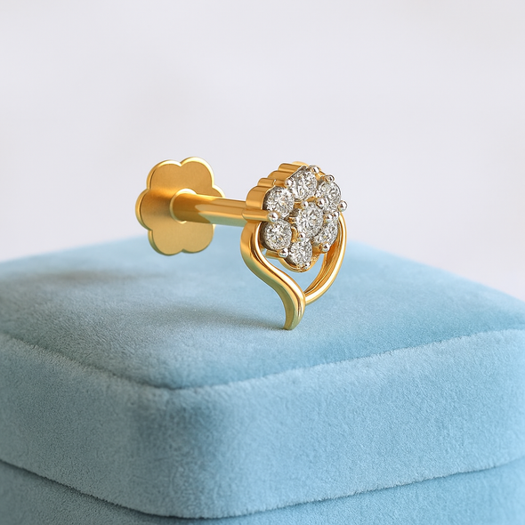 Floral White CZ Cluster Elegant Leaf Nose Pin 925 Sterling Silver Yellow Plated