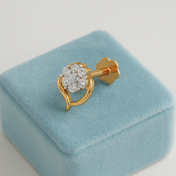 Floral White CZ Cluster Elegant Leaf Nose Pin 925 Sterling Silver Yellow Plated