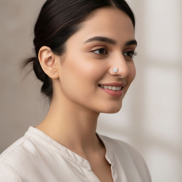 Floral Cluster White CZ Nose Pin 925 Sterling Silver Yellow Plated