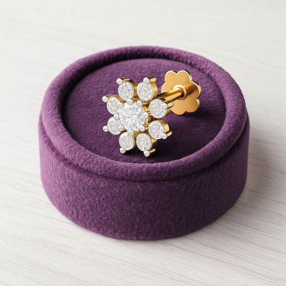 Floral Cluster White CZ Nose Pin 925 Sterling Silver Yellow Plated