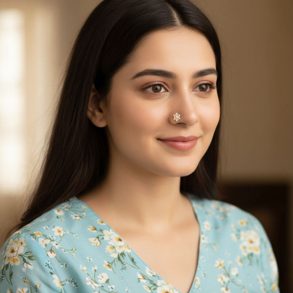 Floral Swirl CZ Nose Pin 925 Sterling Silver Yellow Plated