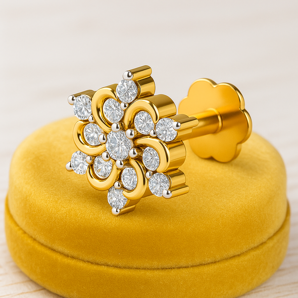 Floral Swirl CZ Nose Pin 925 Sterling Silver Yellow Plated