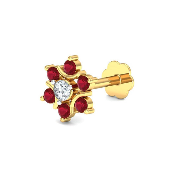 Red Ruby & White CZ Floral Nose Pin 925 Sterling Silver Yellow Plated