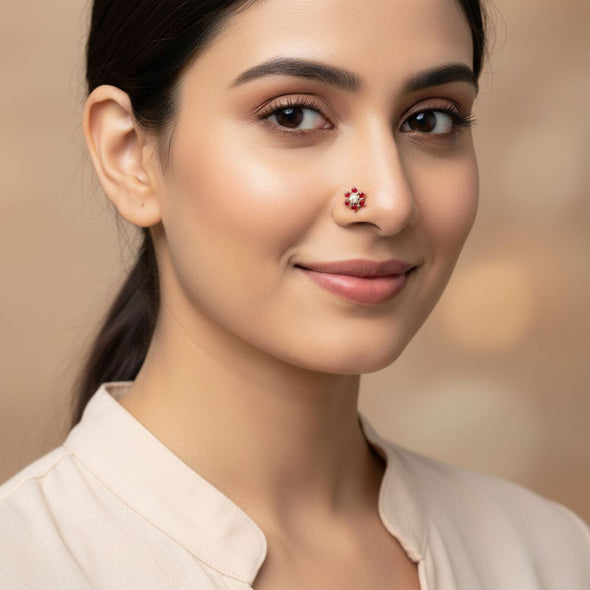 Red Ruby & White CZ Floral Nose Pin 925 Sterling Silver Yellow Plated