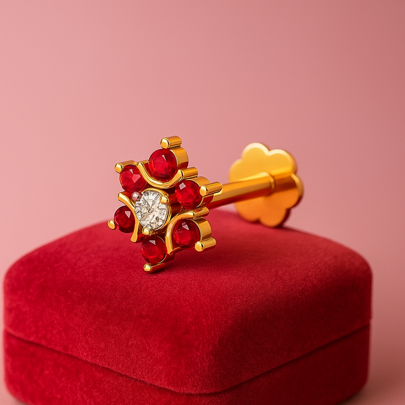 Red Ruby & White CZ Floral Nose Pin 925 Sterling Silver Yellow Plated
