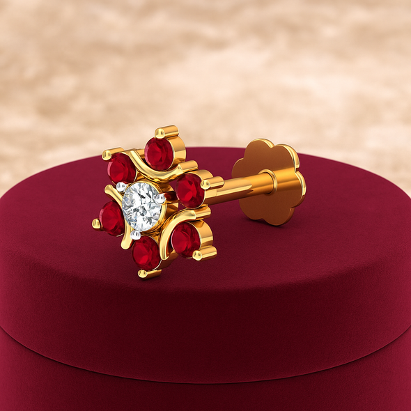 Red Ruby & White CZ Floral Nose Pin 925 Sterling Silver Yellow Plated