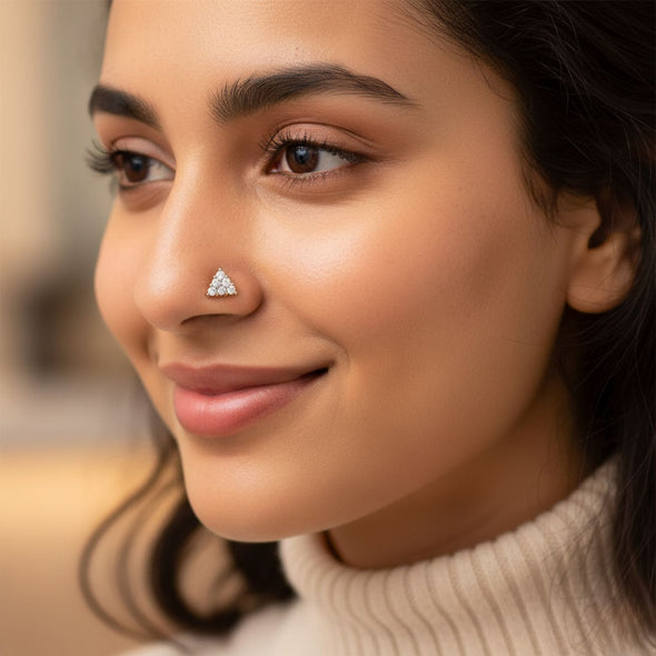 Triangle Cluster CZ Nose Pin 925 Sterling Silver Yellow Plated