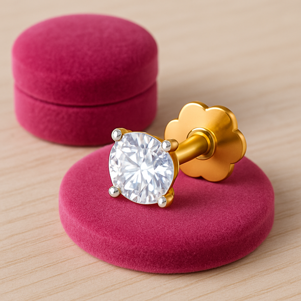 Classic Solitaire CZ Nose Pin 925 Sterling Silver Yellow Plated