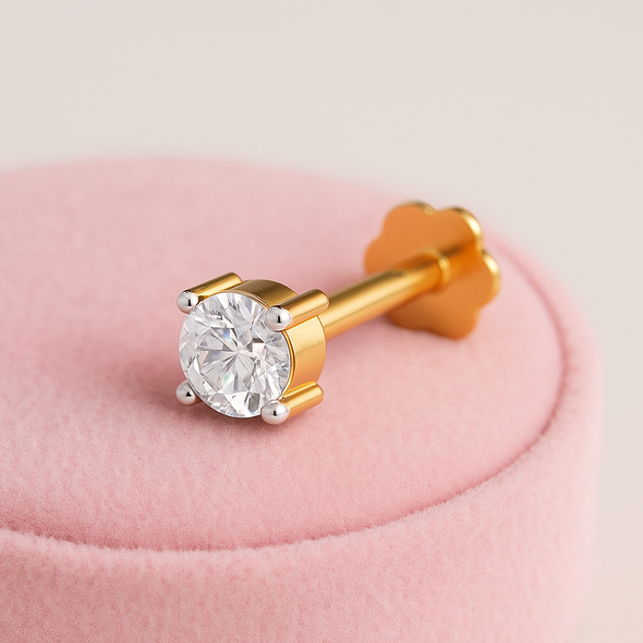 Classic Solitaire CZ Nose Pin 925 Sterling Silver Yellow Plated