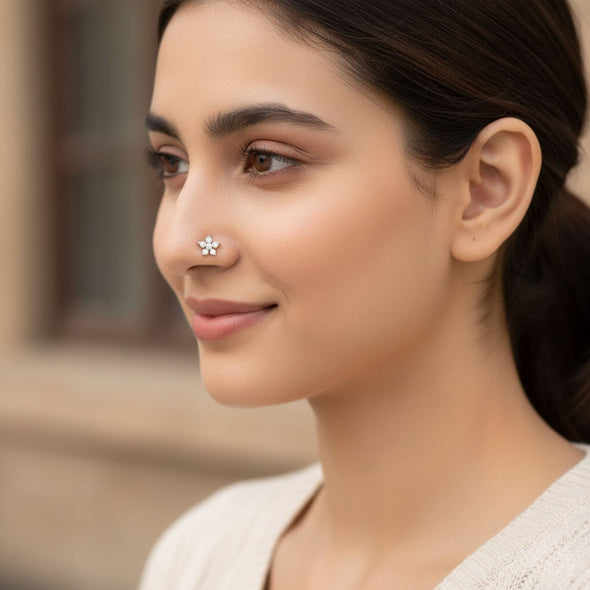 Floral Cluster CZ Nose Pin 925 Sterling Silver Yellow Plated