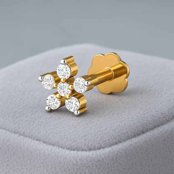 Floral Cluster CZ Nose Pin 925 Sterling Silver Yellow Plated