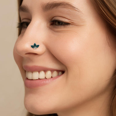 925 Sterling Silver Green Enamel Floral Lotus Nose Pin