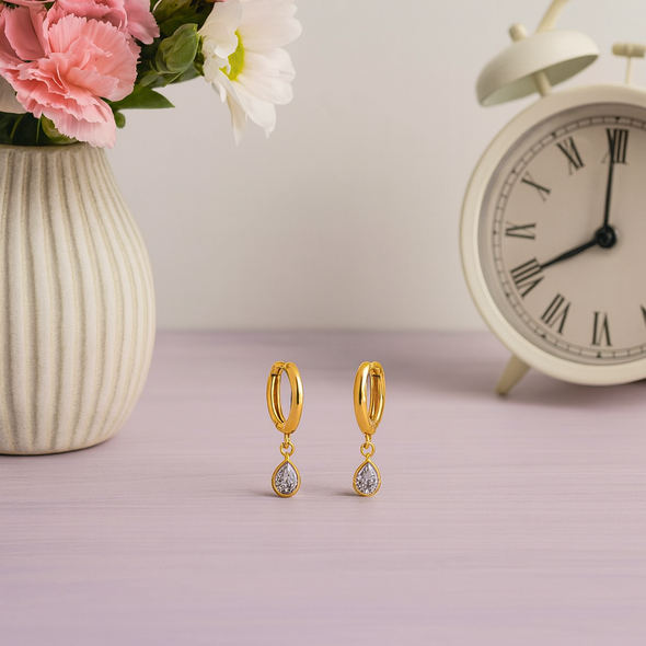 Teardrop Drop Dangle Hoop Earrings 925 Sterling Silver Yellow Plated