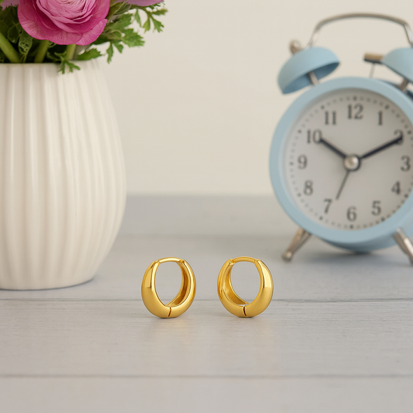 Small Chunky Round Gold Huggie Hoop Earrings 925 Sterling Silver Yellow