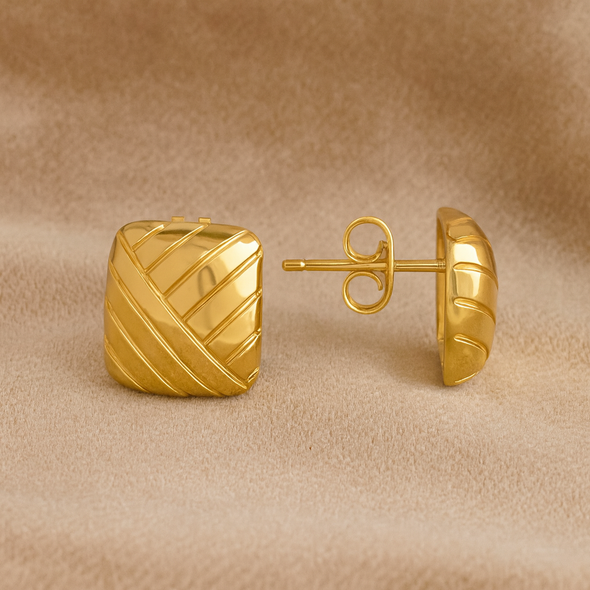 Geometric Square Pattern Stud Earrings 925 Sterling Silver Yellow Plated