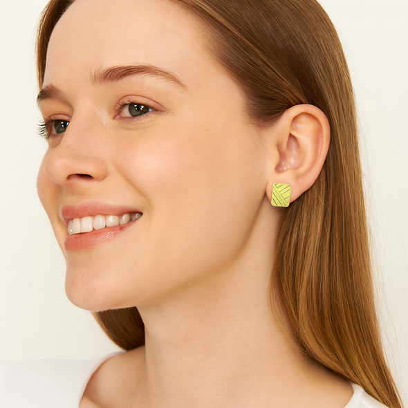 Geometric Square Pattern Stud Earrings 925 Sterling Silver Yellow Plated