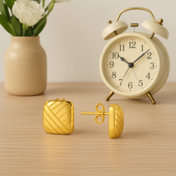 Geometric Square Pattern Stud Earrings 925 Sterling Silver Yellow Plated