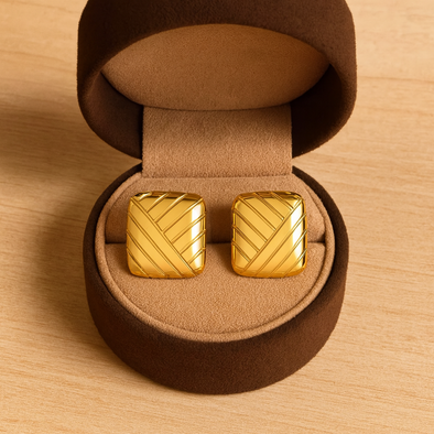 Geometric Square Pattern Stud Earrings 925 Sterling Silver Yellow Plated