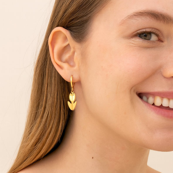 Gold Tulip Floral Drop Dangle Earrings 925 Sterling Silver Yellow Plated