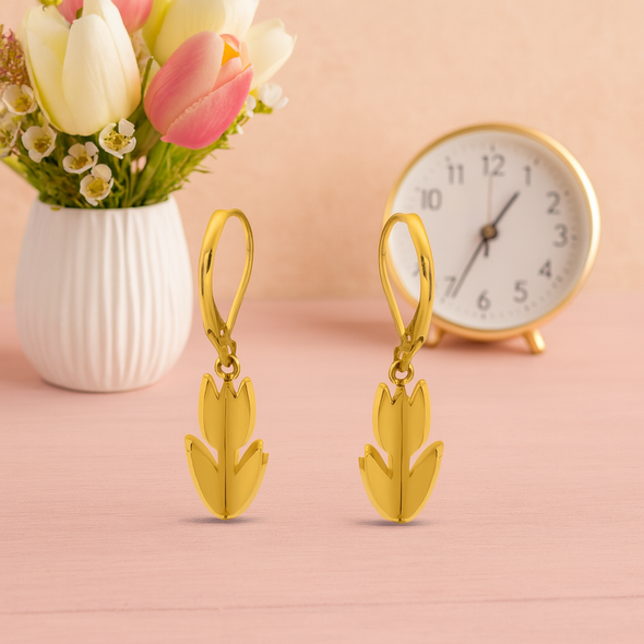 Gold Tulip Floral Drop Dangle Earrings 925 Sterling Silver Yellow Plated
