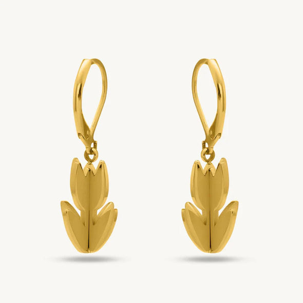 Gold Tulip Floral Drop Dangle Earrings 925 Sterling Silver Yellow Plated