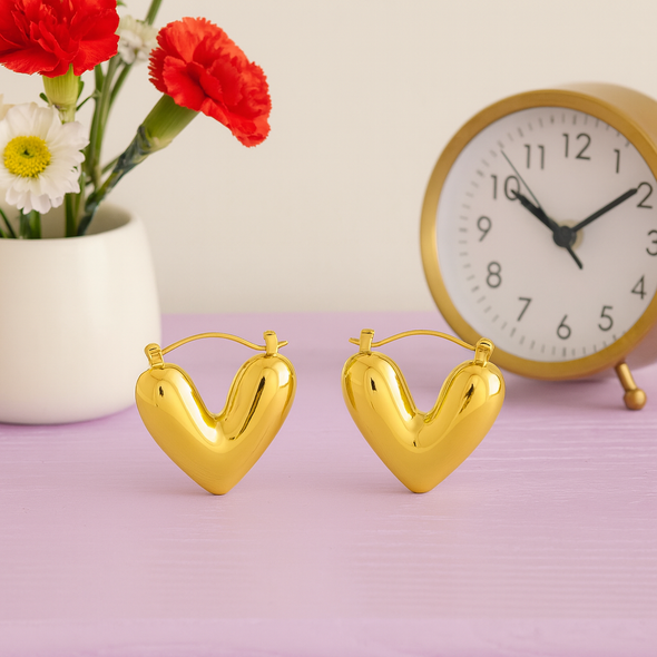 Puffy Heart Hoop Earrings 925 Sterling Silver Yellow Plated