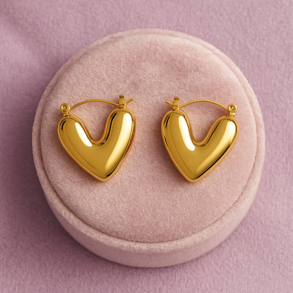 Puffy Heart Hoop Earrings 925 Sterling Silver Yellow Plated