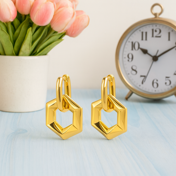 Geometric Hexagon Dangle Hoop Earrings 925 Sterling Silver Yellow Plated