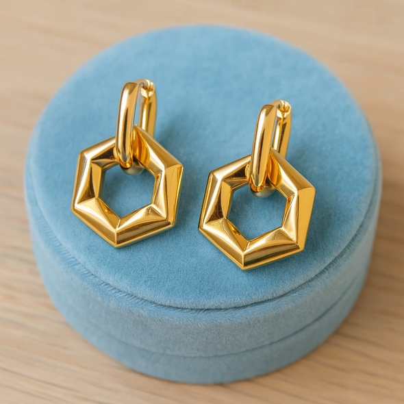 Geometric Hexagon Dangle Hoop Earrings 925 Sterling Silver Yellow Plated