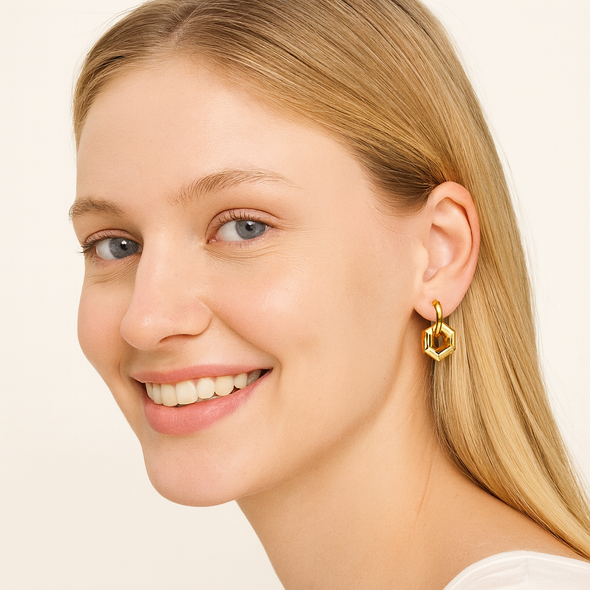 Geometric Hexagon Dangle Hoop Earrings 925 Sterling Silver Yellow Plated